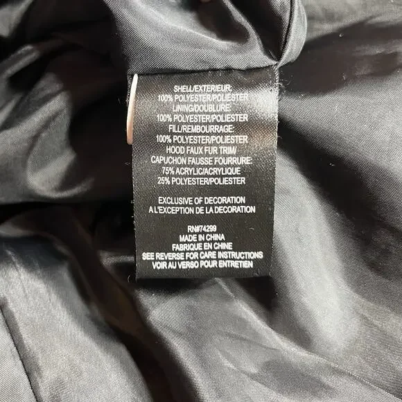 Bebe Long Black Puffer Coat Belted Gold Accents Womens L Double Zipper Hooded - Picture 14 of 16